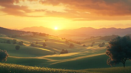 Tuscan Landscape with Golden Sunset and Rolling Hills