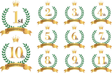 1～11周年イラスト　月桂樹の葉と王冠とリボンのマーク　アイコンセット