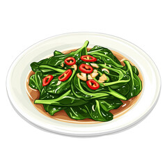 Tumis Kangkung. Stir-Fried Morning Glory with Chili. A Water Spinach Vegetable Dish. Isolated on transparent background, png.