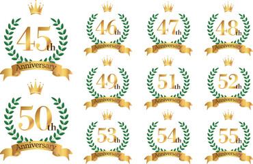 45～55周年イラスト　月桂樹の葉と王冠とリボンのマーク　アイコンセット