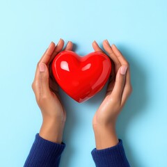 Obraz premium Two hand holding a red heart on light blue background 