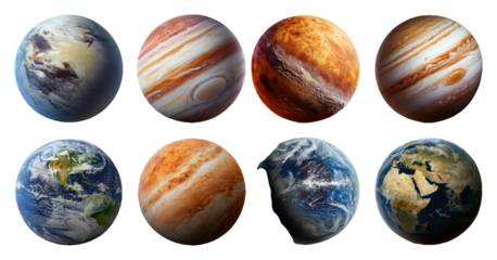 Planet models including Earth and Jupiter in different views isolated on transparent background