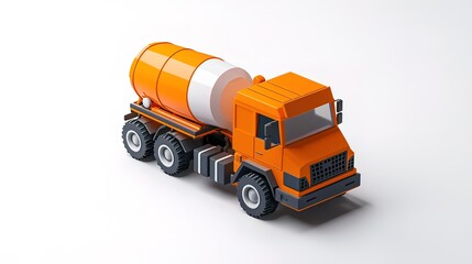 Isometric illustration of an orange cement mixer truck on white background.