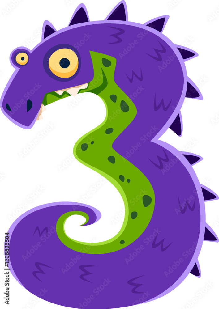 Aufkleber Halloween font digit 3 three scary monster character. Bizarre reptile math typeset digit. Alien creature vector arabic font figure or number or spooky fantasy snake monster mathematics numeral symbol