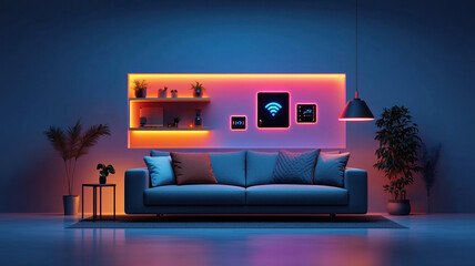 stylish gray sofa in tech savvy home with glowing lights