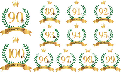 89～100周年イラスト　月桂樹の葉と王冠とリボンのマーク　アイコンセット