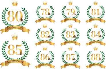 78～88周年イラスト　月桂樹の葉と王冠とリボンのマーク　アイコンセット