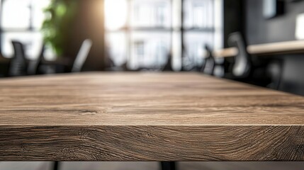 Darkstained table with bold grain patterns, blurred office workspace, modern and sophisticated