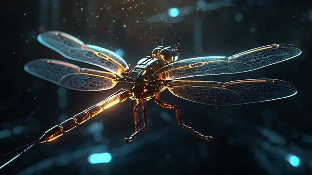 Future dragonfly robot with modern technology. Seamless 4K looping timelapse video animation background