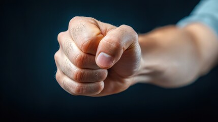 A close-up of a clenched fist against a dark background, symbolizing strength, determination, or defiance.