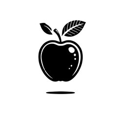 Classic Apple Icon: A simple yet elegant black and white illustration of an apple with leaves, ideal for various applications needing a clean and timeless design.