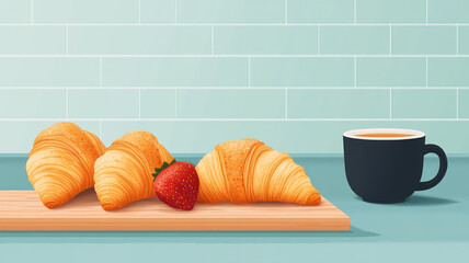 Three croissants and strawberry on wooden board with coffee