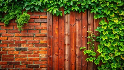 Red brick wall with vibrant green plants and leaves against an old wooden fence background, red bricks, green plants
