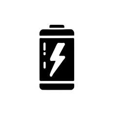 Full Power Battery Icon: A bold, black and white icon depicting a fully charged battery, with a lightning bolt symbolizing energy and power, perfect for user interfaces and digital design. 