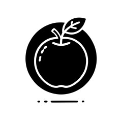 Obraz premium Apple Icon: A simple yet elegant black and white illustration of an apple with a leaf, presented within a circular frame, perfect for clean and modern designs. 