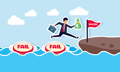 Businessman carries a money sack jump over and through a lifebuoy labeled fail to cross water and reach land, illustration of overcoming failures with stable finances to reach success