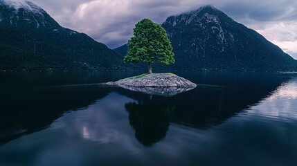 Serene Lake  Solitary Tree  Mountain Reflections  Peaceful Nature Scene