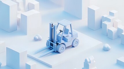 Low-poly 3D render of a forklift in a minimalist city scene.