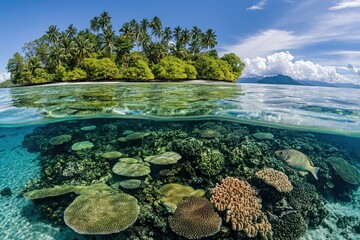Vibrant Underwater Scene with Coral Reefs and Tropical Island Under Clear Blue Sky, Showcasing Diverse Marine Life and Lush Vegetation in the Background