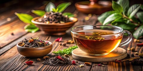Traditional loose leaf tea brewing in a bowl, creating a calming and soothing experience , calming, soothing
