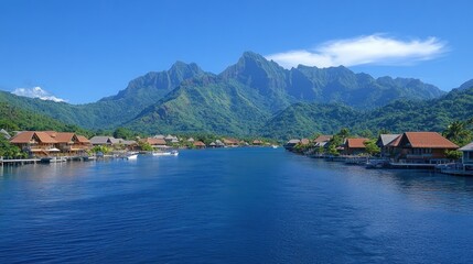 Fototapeta premium Tropical lagoon houses, mountain backdrop, sunny day, travel brochure