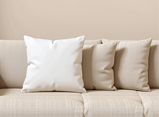 A blank pillow placed on a cozy daybed with soft, warm tones in the background. The minimalist aesthetic makes it ideal for showcasing mockups for e-commerce or creative branding projects.