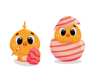Set of cute chick characters. Perfect for Easter greetings. Happy Easter day