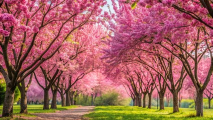 Naklejka premium Pink flowering trees in full blossom with vibrant green leaves during early spring, spring, blooming, nature, flora, botanical