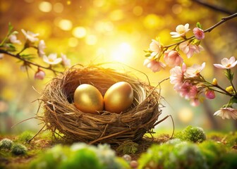 Obraz premium Double exposure magic: shimmering golden Easter eggs cradled in a vibrant floral nest.