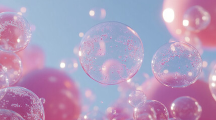 Soap bubbles floating in a clear blue sky symbolizing fleeting joy, with a minimalistic and bright tone, modern blurred background, and empty caption space on the side evoking a sense of chaos

