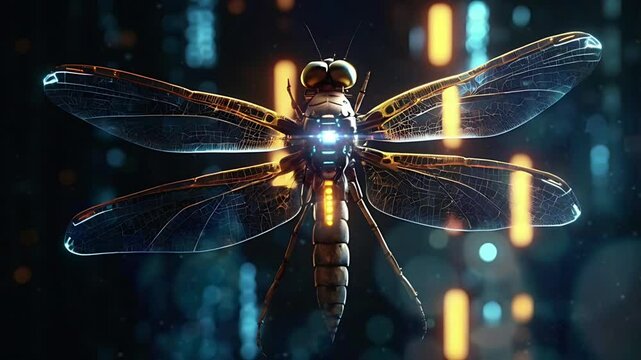 Future dragonfly robot with modern technology. Seamless 4K looping timelapse video animation background