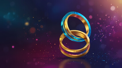 An abstract holographic design with intertwined rings symbolizing eternal love, rendered in vibrant and reflective shades of blue, magenta, and gold