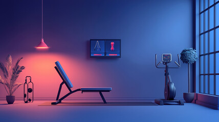 Modern workout room with virtual coach and exercise equipment