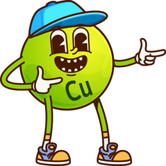 Cartoon Copper or cuprum groovy vitamin character. Isolated vector Cu micronutrient retro personage wearing trendy baseball cap and giving finger gun gestures. Food supplement green funky bubble