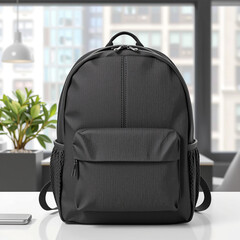A minimalist, black backpack with a blank front pocket surface, displayed against a blurred modern office or urban background. Ideal for custom branding in travel.
