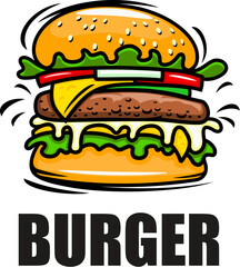 Burger icon for BBQ restaurant or grill bar with cheeseburger or hamburger, vector emblem. Burger icon for fast food menu and barbecue restaurant sign with sesame bun and melting cheese on meat