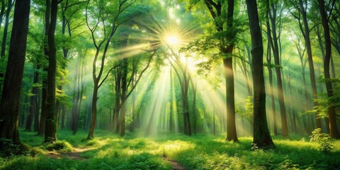 Naklejka premium A serene forest background with sunlight filtering through the trees, nature, trees, foliage, green, peaceful, tranquil