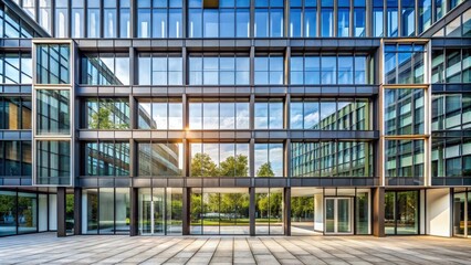 Obraz premium Facade of a modern mockup building with glass windows and steel frames, facade, modern, mockup, building, glass, windows