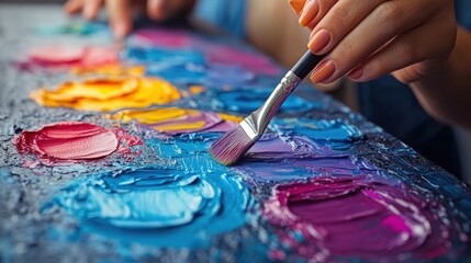 Fototapeta premium Artistic Close-Up of a Painter's Hand Applying Vibrant Acrylic Paints on Canvas in a Colorful Expressionist Style with Blue, Yellow, Pink, and Purple Hues