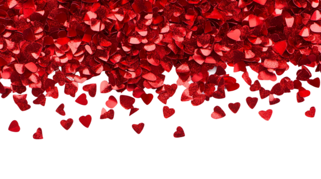 Festive greeting card banner for party or festival with falling red confetti paper on white background.