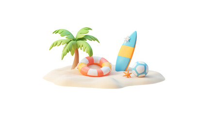 3D rendering of summer beach icon set on white background.