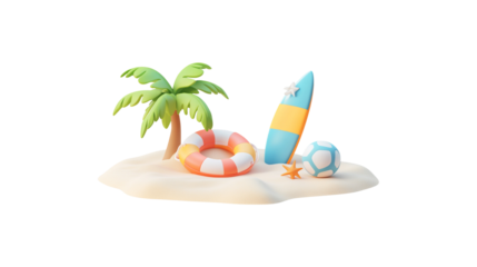 3D rendering of summer beach icon set on white background.