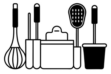 Detailed Line Art of Kitchen Utensils – Cooking Tools Illustration