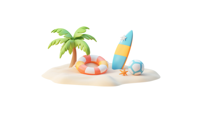 3D rendering of summer beach icon set on white background.