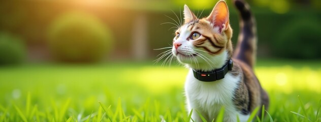 Smart Pet Collar with Cat in Backyard. Perfect for advertising pet health trackers, showcasing safety devices, or promoting smart pet accessories for active lifestyles