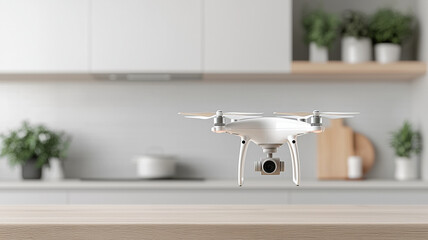 drone hovers in modern kitchen, ready for delivery