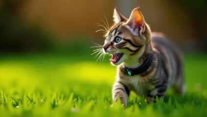 Smart Pet Collar with Cat in Backyard. Perfect for advertising pet health trackers, showcasing safety devices, or promoting smart pet accessories for active lifestyles