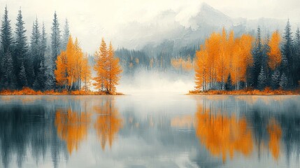 Obraz premium Autumn reflections of golden trees on a serene lake misty mountains in background nature photography tranquil environment