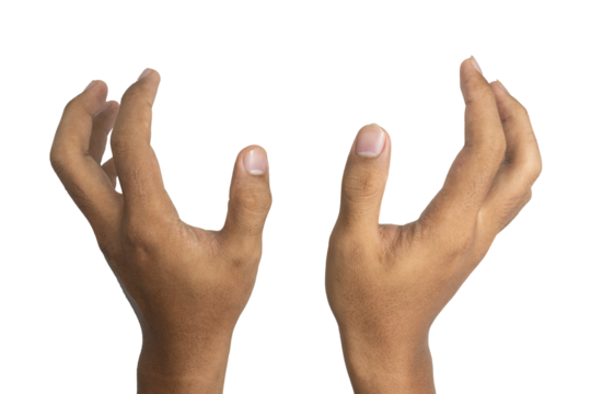 close up of male hands holding, reaching, or grabbing something isolated on transparent background