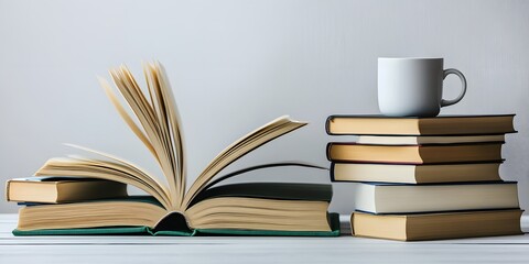 Naklejka premium A minimalist composition featuring an open laptop, stack of books, and coffee mug on a table with a white background. The aesthetic is clean and modern